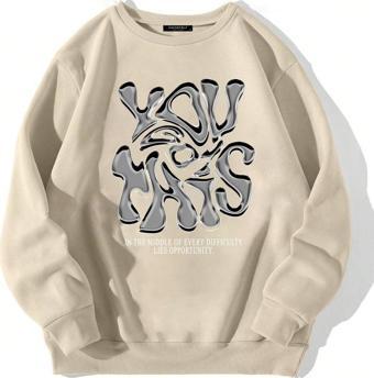 Mad&Calf Unisex You Got This Baskılı Oversize Polarlı Sweatshirt Bej XS