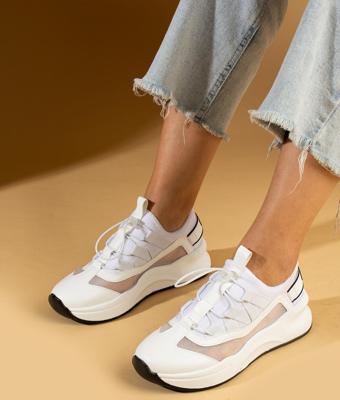 Pembe Potin Yüksek Taban Lastik Bağcıklı Fileli Kadın Sneaker 36-728-24