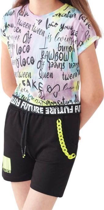 Kız Çocuk Future Yazı Desenli Crop Model Tişört Zincir Detaylı Lila Renk Şortlu Takım 2827