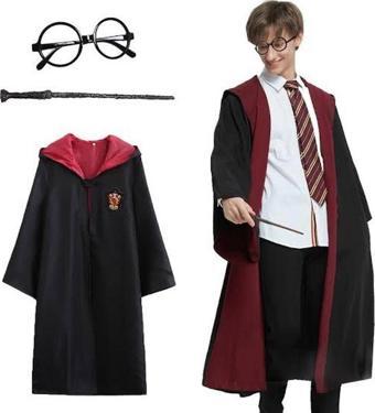 Harry Potter Gryffindor Kapişonlu Çocuk Kostüm + Asa + Gözlük Seti 11-12 Yaş