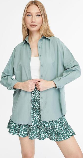 Mad&Calf Kadın Basic Uzun Oversize Kalıp Gömlek Çağla Yeşili M