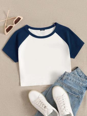 Mad&Calf Kadın Garnili Kısa Kollu Crop Tshirt Ekru - İndigo M