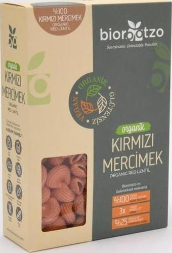 Biorootzo Organik Glütensiz ve Vegan Artizan Bronz Kalıp Kırmızı Mercimek Mantı - Pipe Rigate 200 g