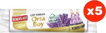 Koroplast Ekstra Güçlü Lavanta Büzgülü Orta Boy 15Li Çöp Torbası X 5 Paket (55*60 Cm)