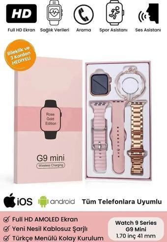 G9 Mini Gold Kadın Akıllı Saat 41mm 3 Kordon Ve Bileklik Hediyeli