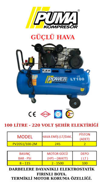 POWER 100 Litre. 2 Hp 220 Volt 8 Bar Pistonlu Kompresör Uyumlu
