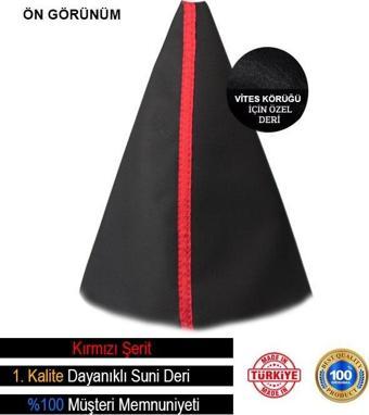 Skoda Rapid İle Uyumlu Siyah Deri Özel Tasarım Kırmızı Şerit Vites Körüğü