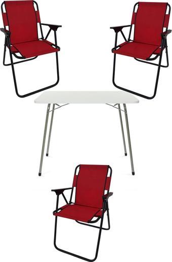 Bofigo 60X80 Beyaz Katlanır Masa + 3 Adet Katlanır Sandalye Kamp Seti Bahçe Takımı Kırmızı