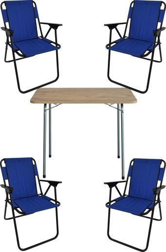 Bofigo 60X80 Çam Desenli Katlanır Masa + 4 Adet Katlanır Sandalye Kamp Seti Bahçe Takımı Mavi