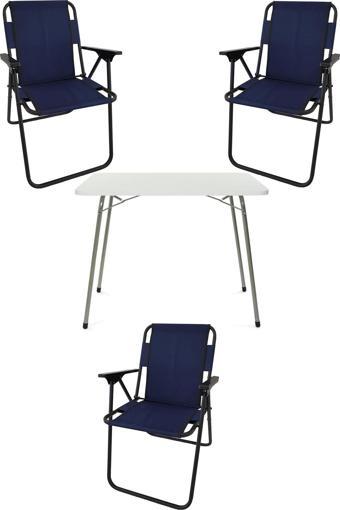 Bofigo 60X80 Beyaz Katlanır Masa + 3 Adet Katlanır Sandalye Kamp Seti Bahçe Takımı Lacivert