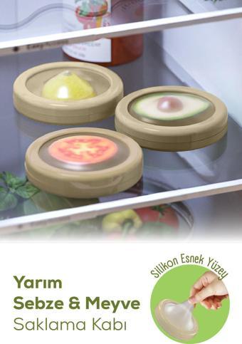 3lü Buzdolabı İçin Yarım Meyve ve Sebze Koruma Kabı - Limon, Soğan, Domates Saklama Kutusu Bej