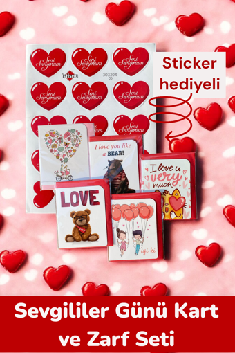 5 Adet Sevgililer Günü Temalı Doğum Günü Kartı ve Zarfı Sevimli Mini Sticker Hediyeli