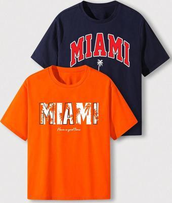 Unisex Miami Baskılı Oversize 2'li Paket T-shirt