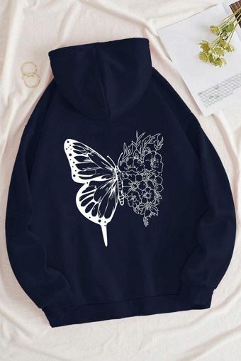 Unisex Drawing Butterflies Sırt Baskılı Sweatshirt