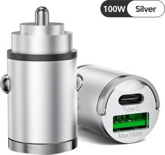 100W Mini Silver Çakmaklık USB Type-C Soketli Araç İçi Süper Hızlı Şarj Adaptörü