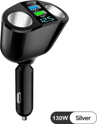 360 Derece 130W Siyah 2'li Çakmaklık USB ve Type C Soketli Araç Şarj Adaptörü - Süper Hızlı PD Şarj