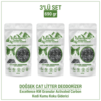 DOĞSEK Kedi Kumu Koku Giderici 3'lü Set 690gr Excellence KM Granular Activated Carbon Kömür Bazlı Granül Aktif Karbon Kalın Taneli