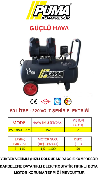 PUMA 50 LİTRE YÜKSEK VERİMLİ HAVA KOMPRESÖRÜ (YAĞSIZ)