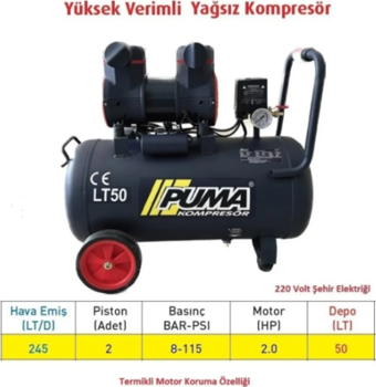 Puma 50 LT HAVA KOMPRESÖRÜ 2HP (YAĞSIZ-HIZLI DOLDURAN)