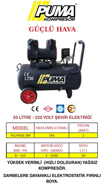 Puma 50 LT HAVA KOMPRESÖRÜ 2HP (YAĞSIZ-HIZLI DOLDURAN)