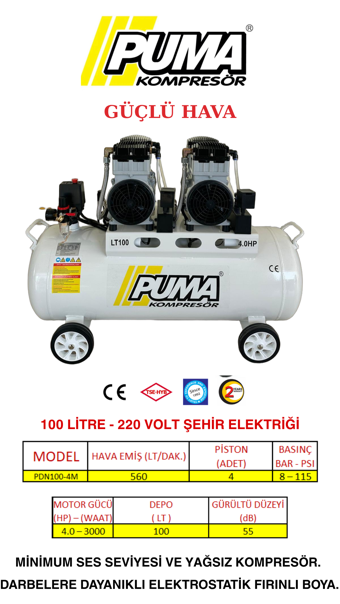 PUMA 100 LİTRE YAĞSIZ SES DESİBELİ DÜŞÜK KOMPRESÖR (4 HP)