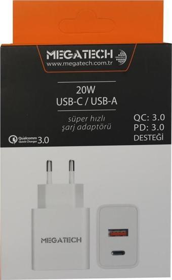 Megatech 20w Beyaz USB-C USB-A  Şarj Kafa QC:3.0-PD:3.0