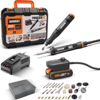 WORX WX988 MAKERX 20Volt 2.0Ah. Kömürsüz Profesyonel Kalem Tipi Devir Ayarlı Gravür Seti + Kalem Tipi Dijital Lehim ve A