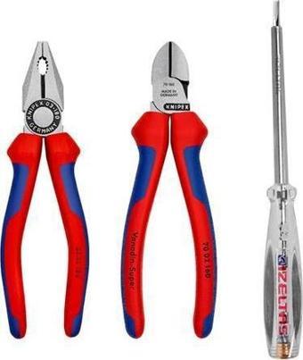 Knipex 3'lü Set Kombine Pense 180 mm Yan Keski 160 mm Kontrol Kalemi 190 mm Set