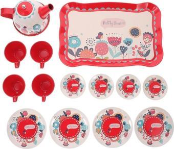 Toysan Metal Desenli Tepsili Çay Seti 966-D16, Minik Kız Çocukları İçin Evcilik Seti