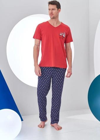 Pjs 24307 Erkek Bordo V Yaka Yelken Baskılı Kısa Kol Pijama Takımı