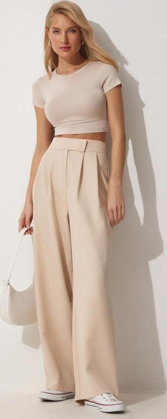 Kadın Beli Cırt Cırtlı Pileli Bol Paça Palazzo Pantolon Wide Leg