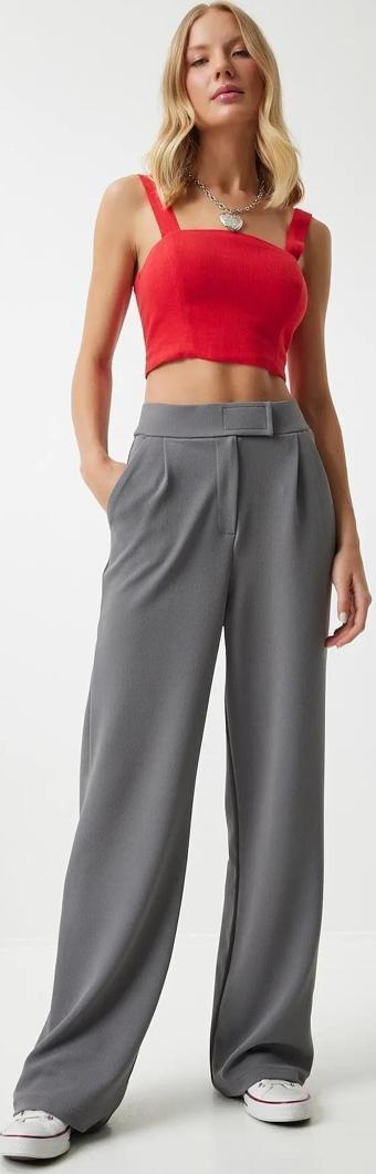 Kadın Beli Cırt Cırtlı Pileli Bol Paça Palazzo Pantolon Wide Leg