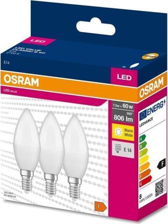 Osram Ledvalue 7,5W (60W) 3 lü Led Mum Ampul Sarı - 2700K E14