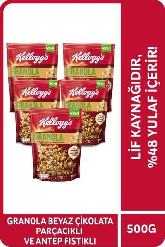 Kellogg's Granola 500 Gr x5 Adet,Avantajlı Paket,Antep Fıstıklı ve Beyaz Çikolata Parçacıklı