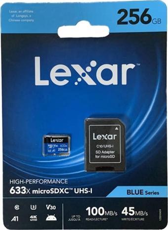 Lexar 633x 256 GB MicroSDXC Class 10 UHS-I Hafıza Kartı + Adaptör Drone Kameralar için