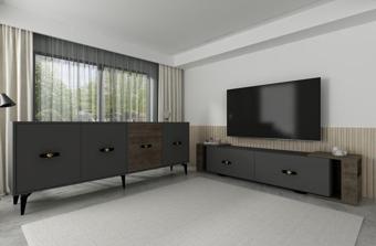 Cantek Dizayn Cherryct 180 Cm Konsol (Kx180) Ve Tv Sehpası 2'Li Salon Takımı Antrasit-Ceviz
