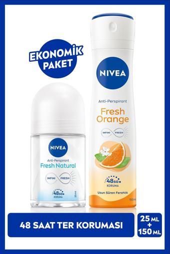 Nivea Kadın Sprey Deodorant Fresh Orange 150Ml Ve Mini Roll-On Fresh Natural 25Ml, 48 Saat Ter Koruması