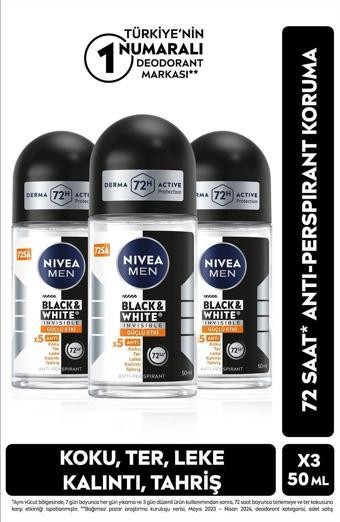 Nivea Men Erkek Roll-On Deodorant Black&White Invisible Güçlü Etki 50Ml, 72 Saat Anti-Perspirant, X3 Adet