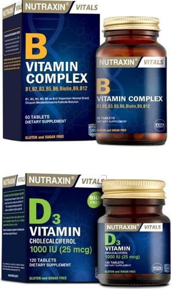 Nutraxin B1,B2,B3,B5,B6,Biotin,B9,B12 Içeren B Vitamini 60 Tablet+D3 Vitamini 120 Tablet