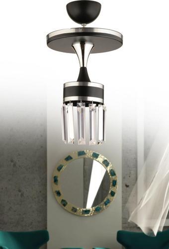 Kuzey Aslı Tepsili Tekli Kristal Taşlı Siyah Krom Yaldızlı Modern Lüks Aydınlatma