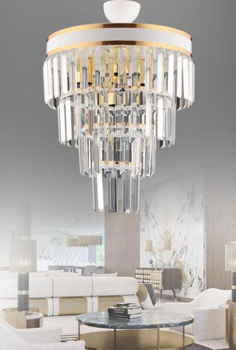 Kuzey Çağla 5 Li Beyaz Dörtkatlı Kristal Taşlı Modern Avize