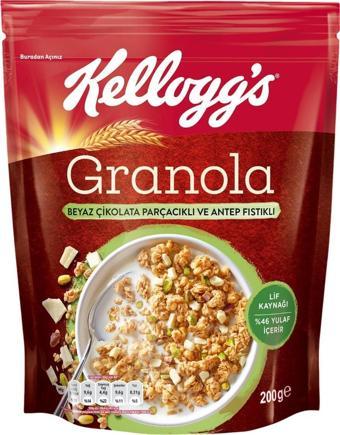 Kellogg's Beyaz Çikolata Parçacıklı&Antep Fıstıklı Granola 200 Gr,%46 Yulaf içerir,Lif Kaynağı