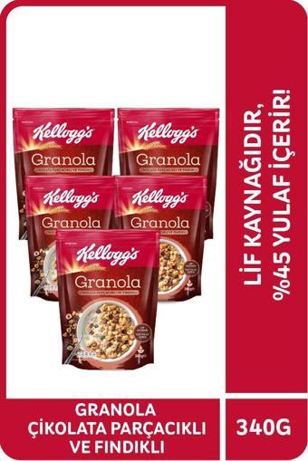 Kellogg's Granola Çikolata Parçacıklı ve Fındıklı 340 Gr x 5 Adet, %44 Yulaf, Lif Kaynağı, Kahvaltılık Gevrek