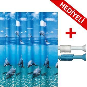 Prado Dolphin Duş Banyo Perdesi 180X200 Banyo Askısı Hediye Bp8852-180X200-H