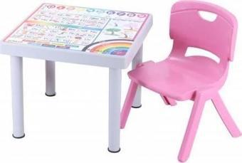 Sağlam Plastik Mandella Rubi İngilizce Desenli Çocuk Masası 1 Adet Nova Orta Çocuk Koltuk Pembe