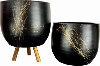 Bitki Tasarımı Siyah Üzeri Gold Mermer Efektli Toprak Saksı Saksılık Salon Çiçeklik İkili Set Ayaksız - 3 Ayaklı- 19 CM