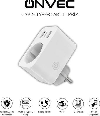 Onvec Usb Type-c Akıllı Tekli Priz, WiFi + BLE, Google Home ve Amazon Alexa Uyumlu, Uzaktan Kontrol