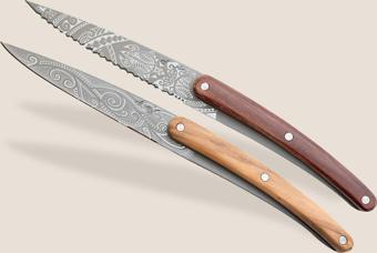 2 Deejo Paring Knives, Olive and Coral Wood / Polynesian and Pacific