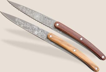 2 Deejo Paring Knives, Olive and Coral Wood / Blossom