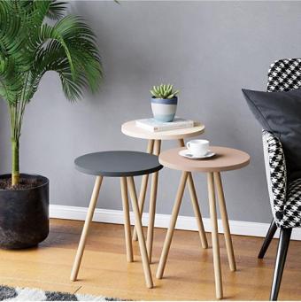 interGO Renkli Üçlü Zigon Sehpa Ahşap Ayaklı Yuvarlak Pastel Tasarım Gri Krem Cappuccino